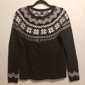 Talbots S Cardigan Sweater Black Fair Isle Snowflake Nordic Holiday Classic